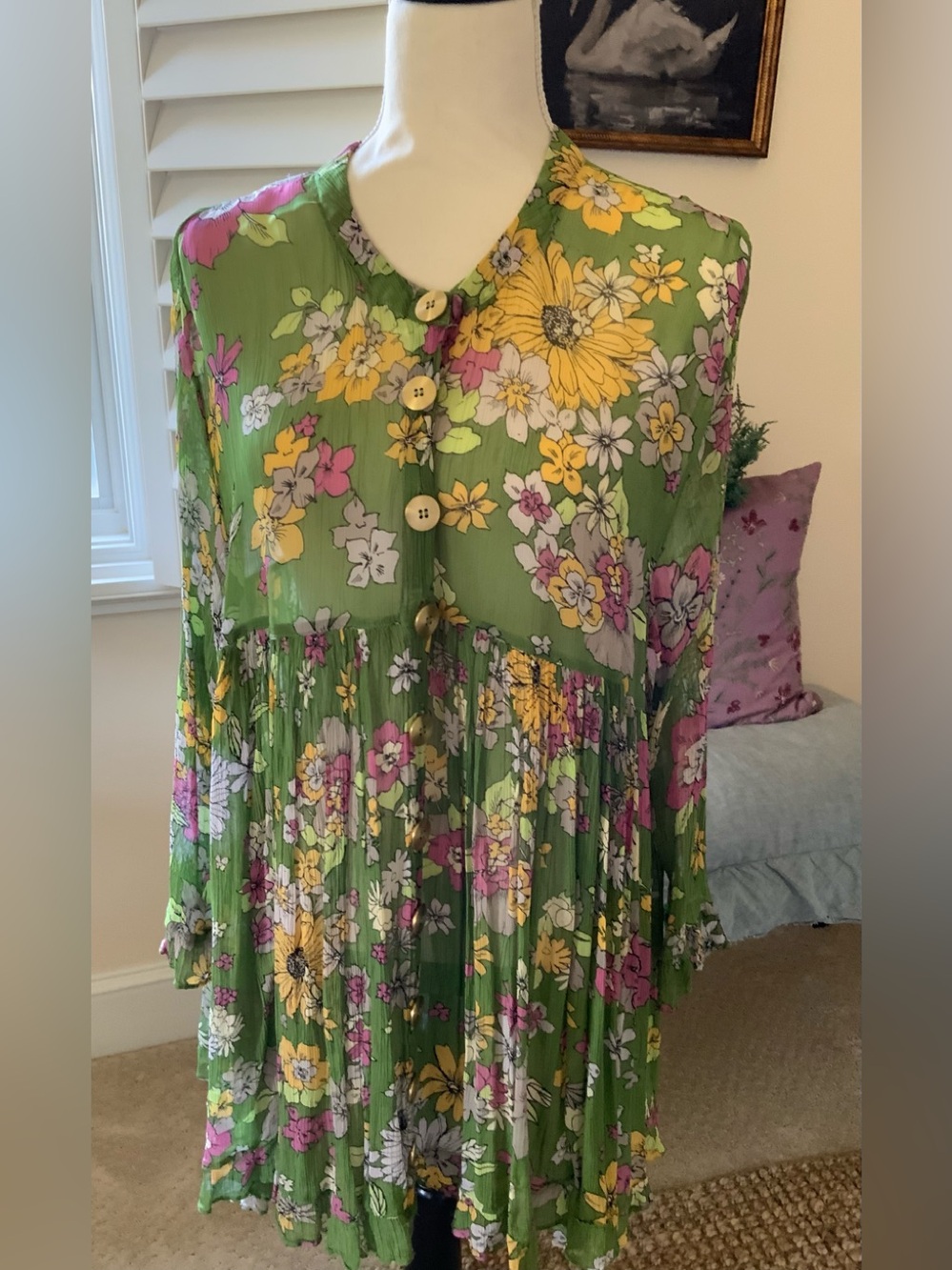 Free People Green Floral Bloom Gold Button-Front Tunic or Mini Dress